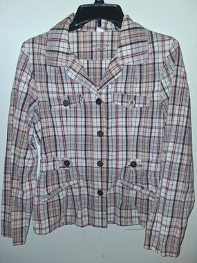 Riders by Lee Plaid Button-Front Women's Jacket in Tan, Cream & Red
